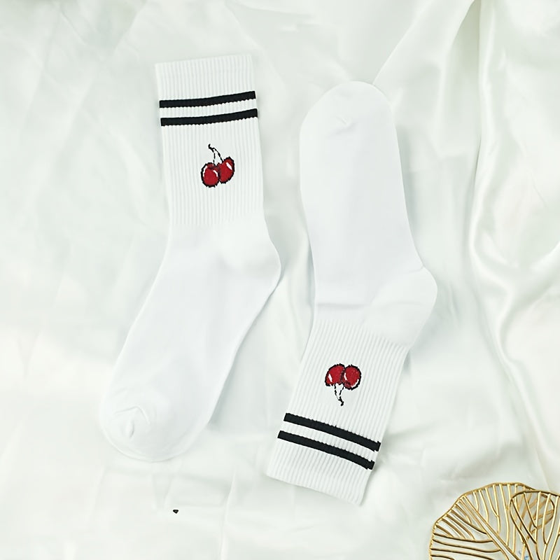 1/2/3 Pairs Of Men's Trendy Cherry Pattern Crew Socks, Breathable Comfy Casual Street Style Socks For Men's Outdoor Wearing All Seasons Wearing