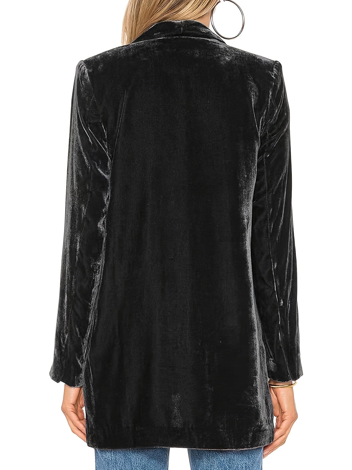 Solid Lapel Open Front Jacket, Versatile Long Sleeve Velvet Outwear For Fall & Winter, Women's Clothing