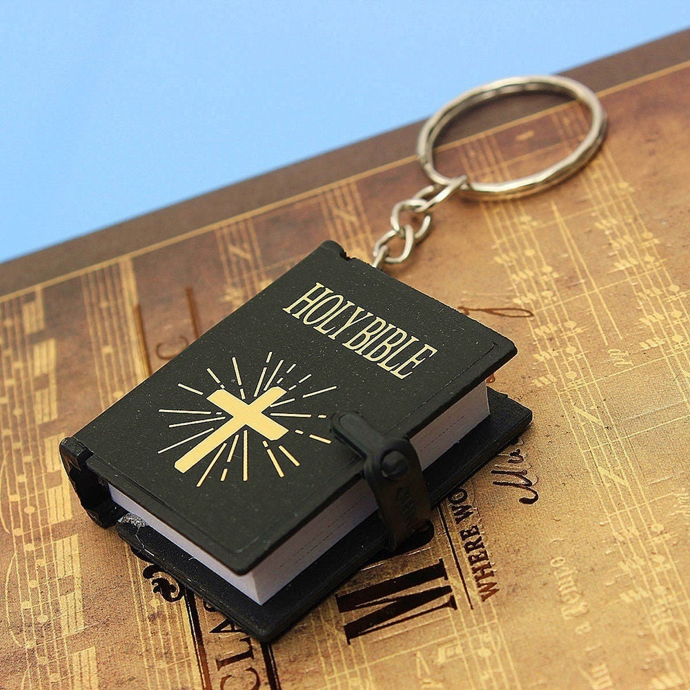1 pc Religious Mini Bible Book Pendant Keychain - Perfect Bag Ornament or Favors Gift with Cross Cover Design