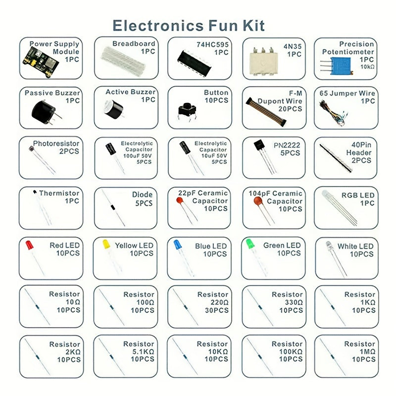 1 Set Electronics Component Fun Kit W/Power Supply Module, Jumper Wire, 830 Tie-Points Breadboard, Precision Potentiometer, Resistor Compatible With Arduino, Raspberry Pi