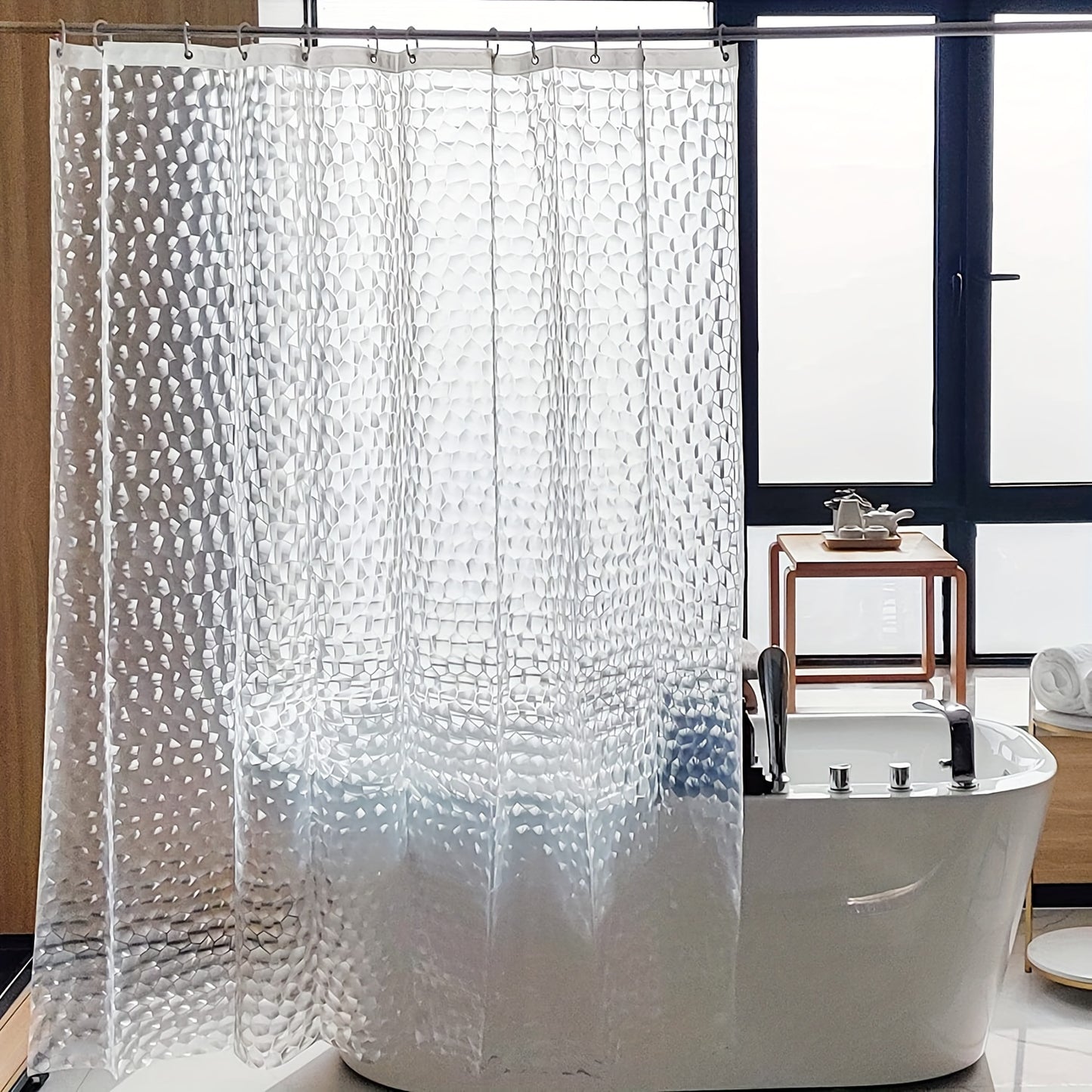 1pc Water Cube Shaped  Shower Curtain, Heavy Waterproof And Moisture-proof Shower Curtain, Rust-proof Buttonhole, Bathroom Balcony Partition, Fashion Curtain, Transparent, 71in*71in