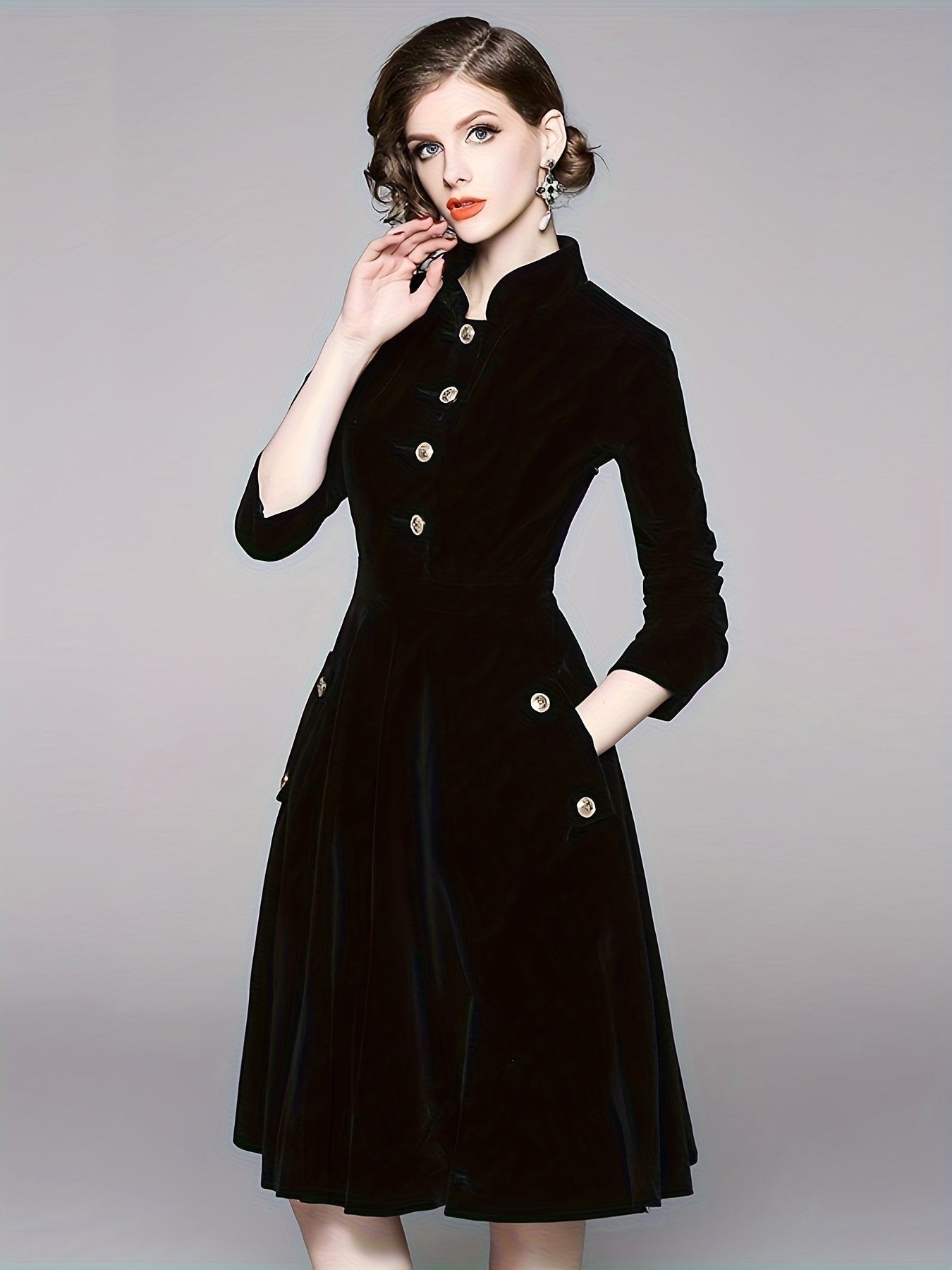 Solid Mandarin Collar Velvet Dress, Vintage Single Breasted Aline Swing Dress, Women's Clothing