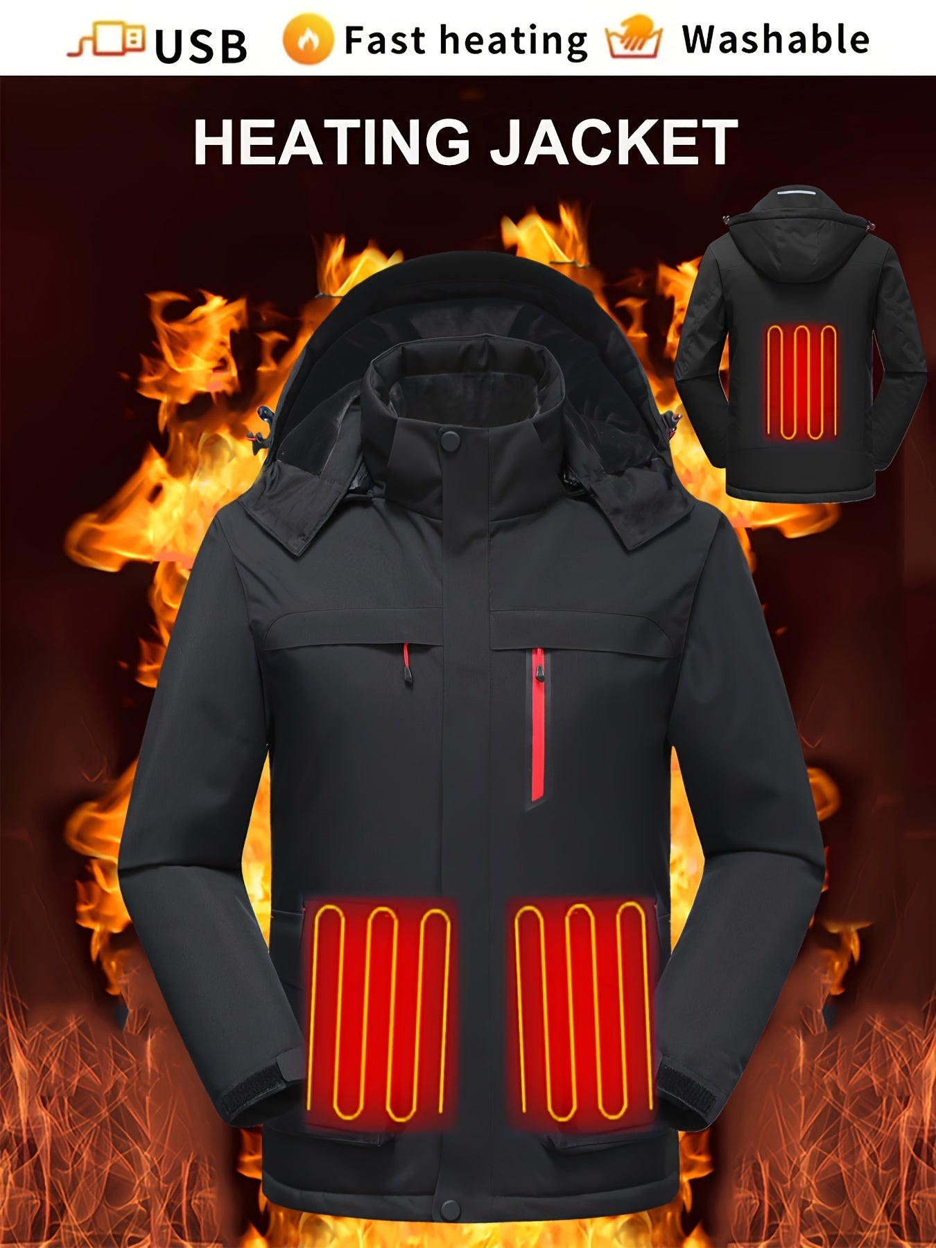 Men's Smart Electric Heating Jacket, Casual Waterproof Windproof Jacket Detachable Hooded Charging Warm Heating Ski Coat For Autumn Winter (No Battery)