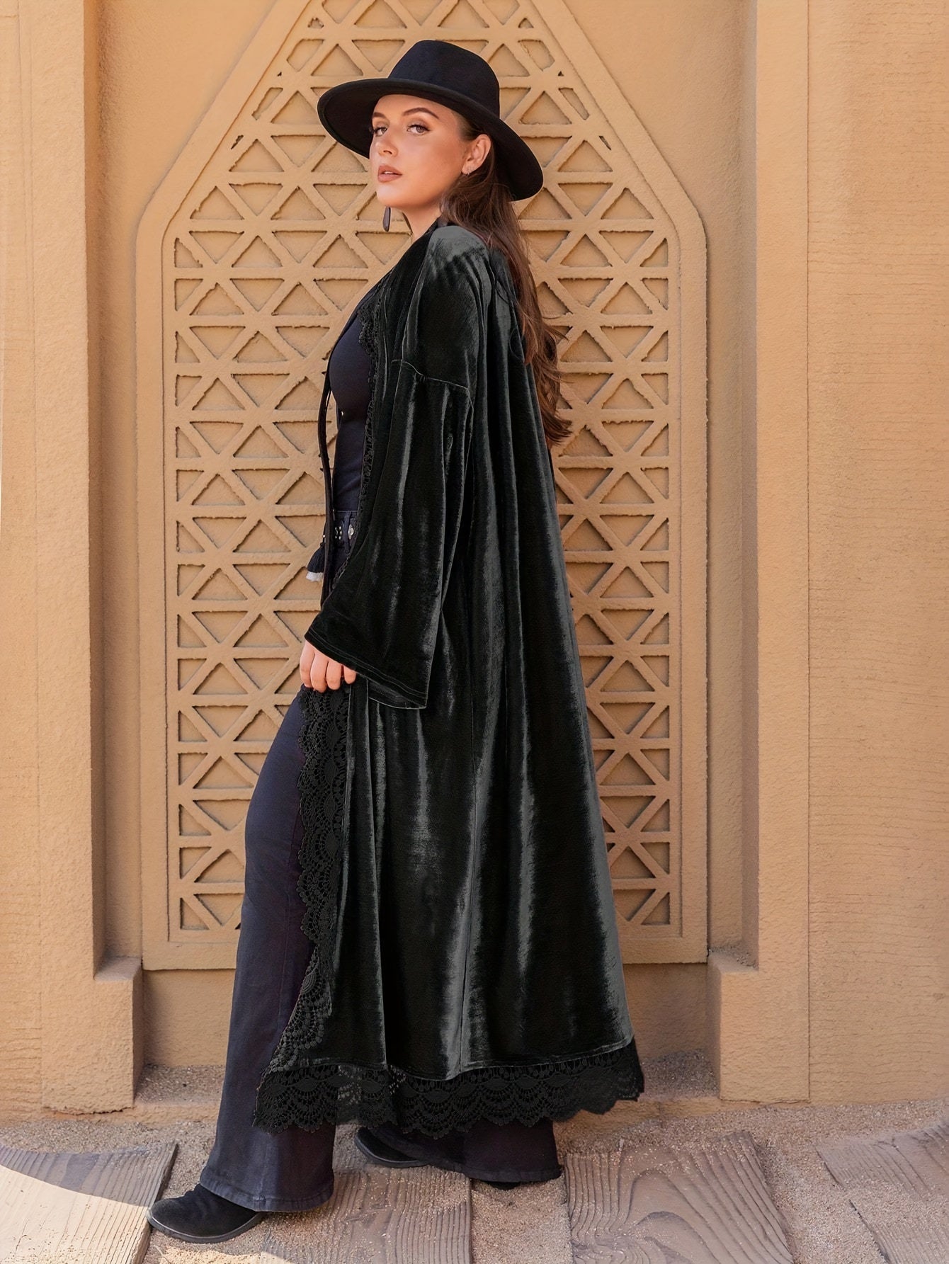 Plus Size Elegant Coat, Women's Plus Solid Velvet Contrast Lace Trim Long Sleeve Open Front Cardigan Coat