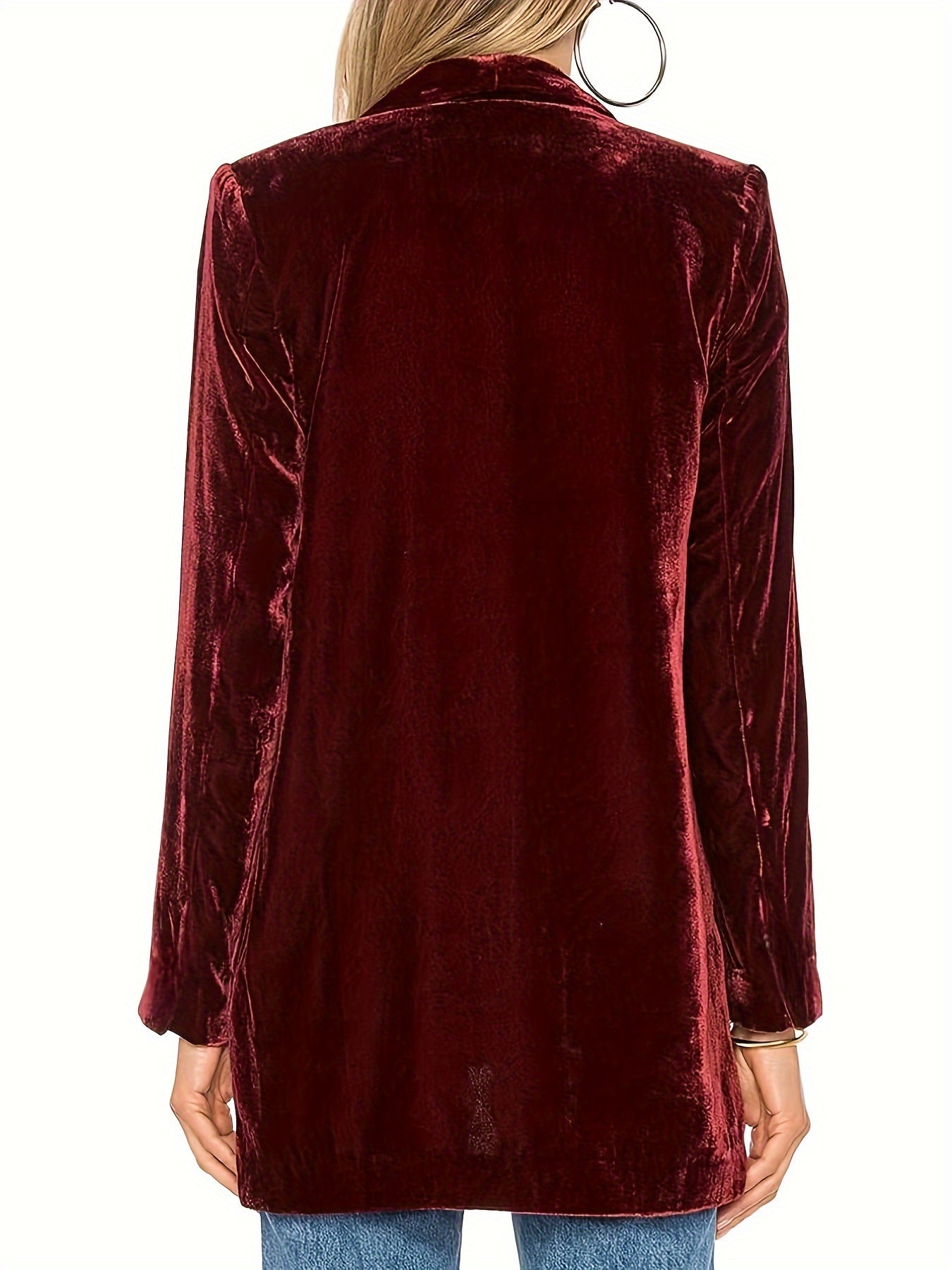 Solid Lapel Open Front Jacket, Versatile Long Sleeve Velvet Outwear For Fall & Winter, Women's Clothing