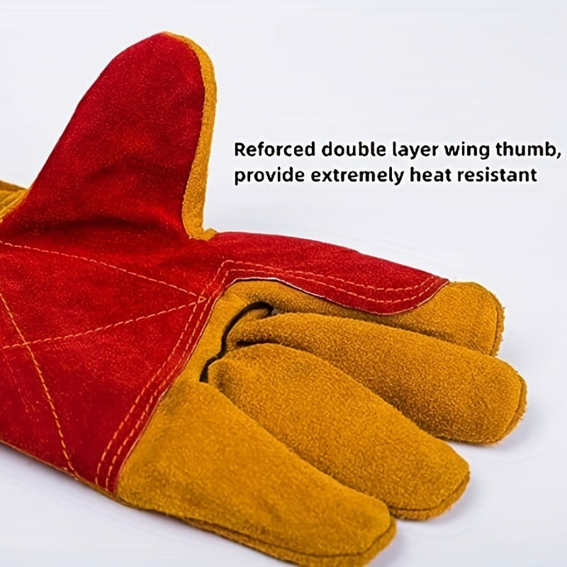 1 Pair 23.6 Inch Long Sleeves Leather Welding Gloves, Heat Resistant Stove Fire And Barbecue Gloves, Puncture Resistant Gloves For Garden And Animal Handling, Tool Gifts For Men Dad