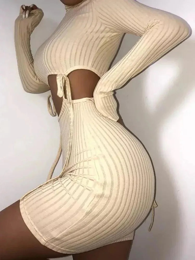 059 Hollow Out Bodycon Two Piece Dress Set Round Neck Long Sleeve Women Dresses