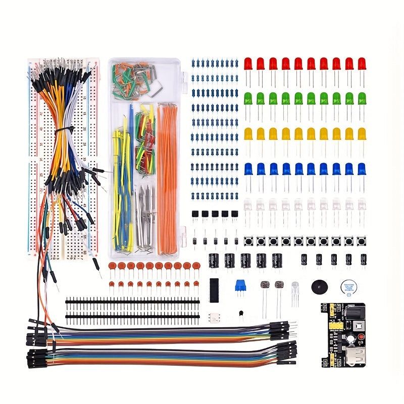 1 Set Electronics Component Fun Kit W/Power Supply Module, Jumper Wire, 830 Tie-Points Breadboard, Precision Potentiometer, Resistor Compatible With Arduino, Raspberry Pi