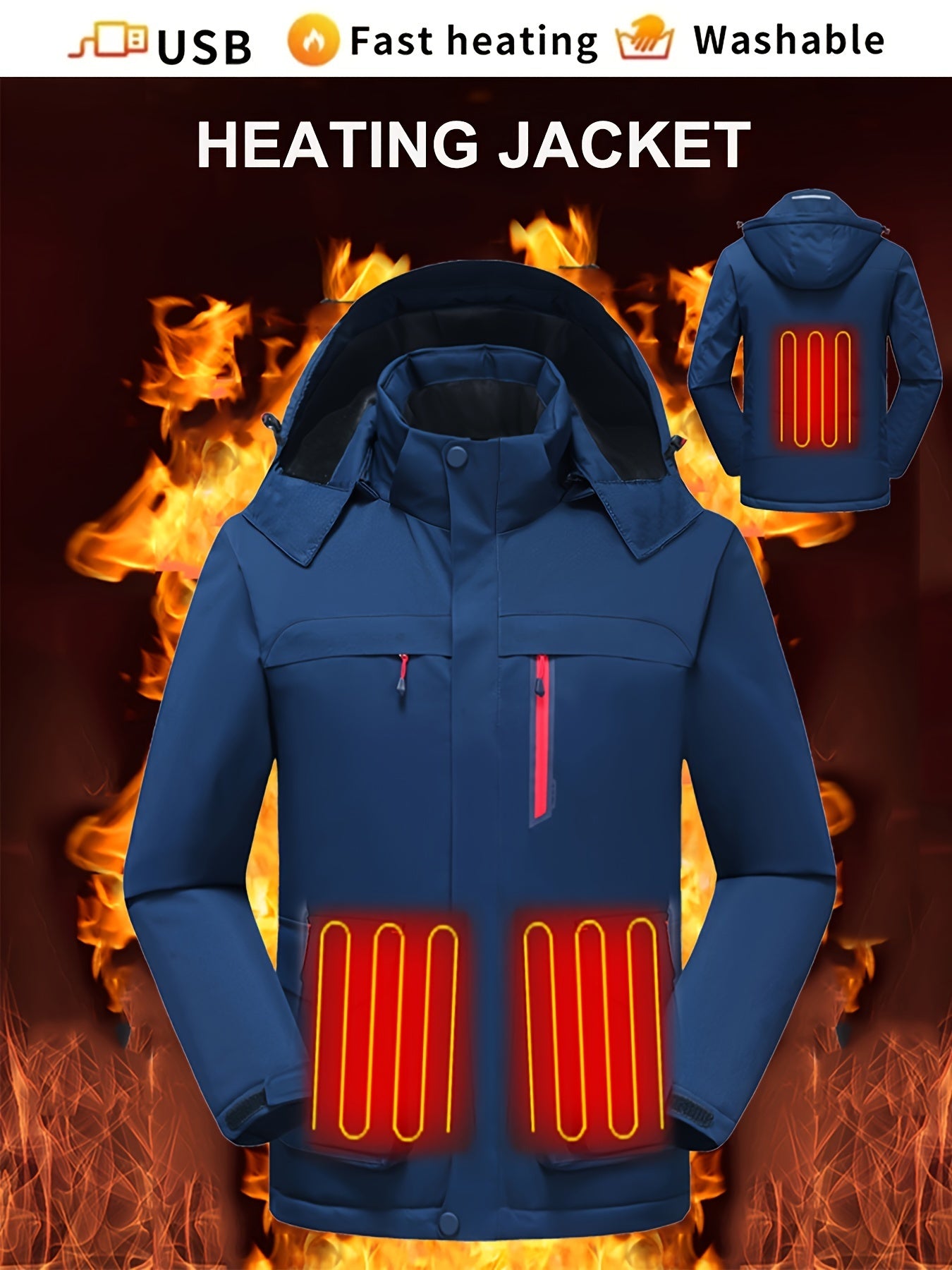 Men's Smart Electric Heating Jacket, Casual Waterproof Windproof Jacket Detachable Hooded Charging Warm Heating Ski Coat For Autumn Winter (No Battery)
