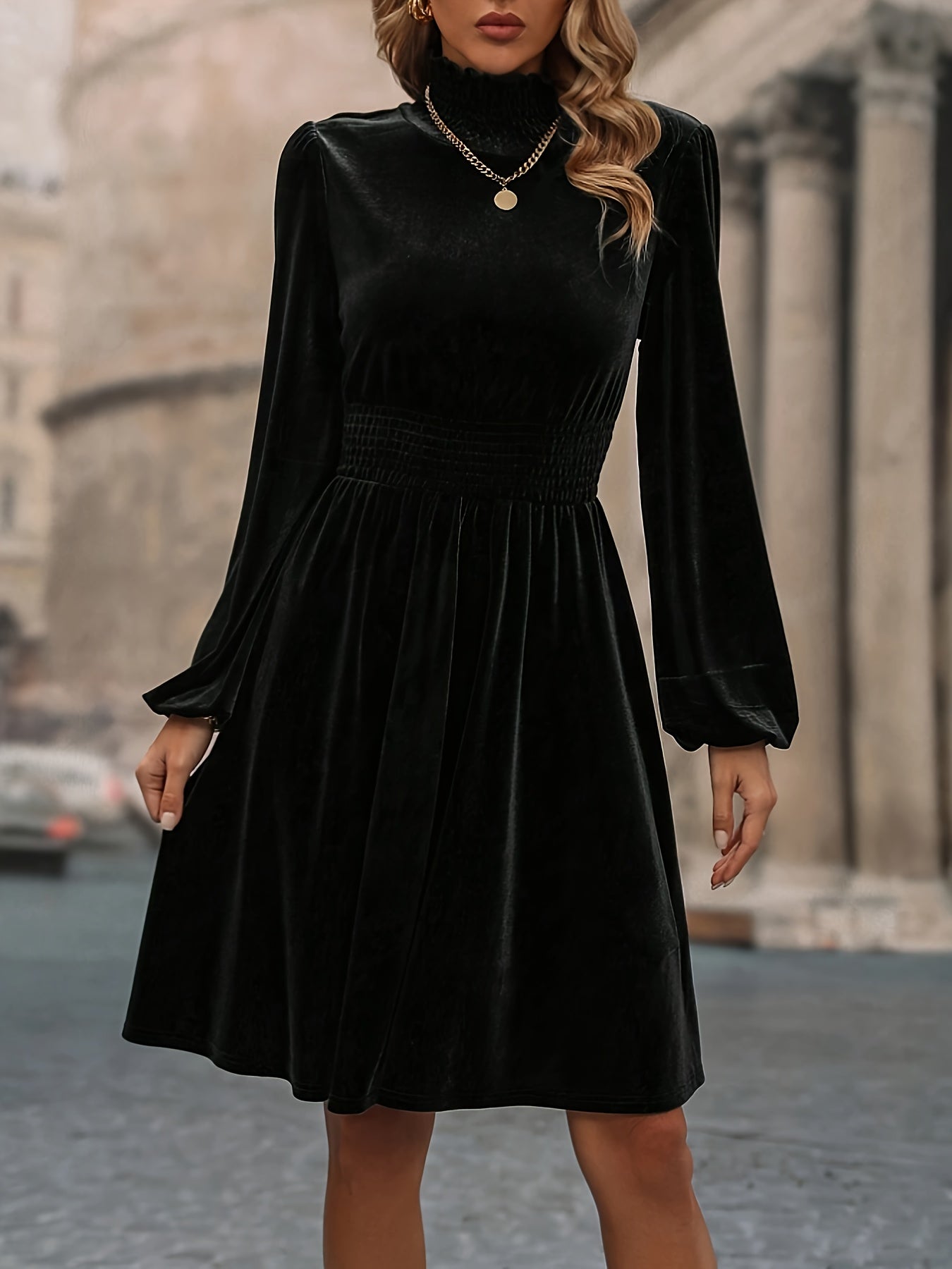 Plus Size Elegant Dress, Women's Plus Solid Velvet Lantern Sleeve High Neck Dress
