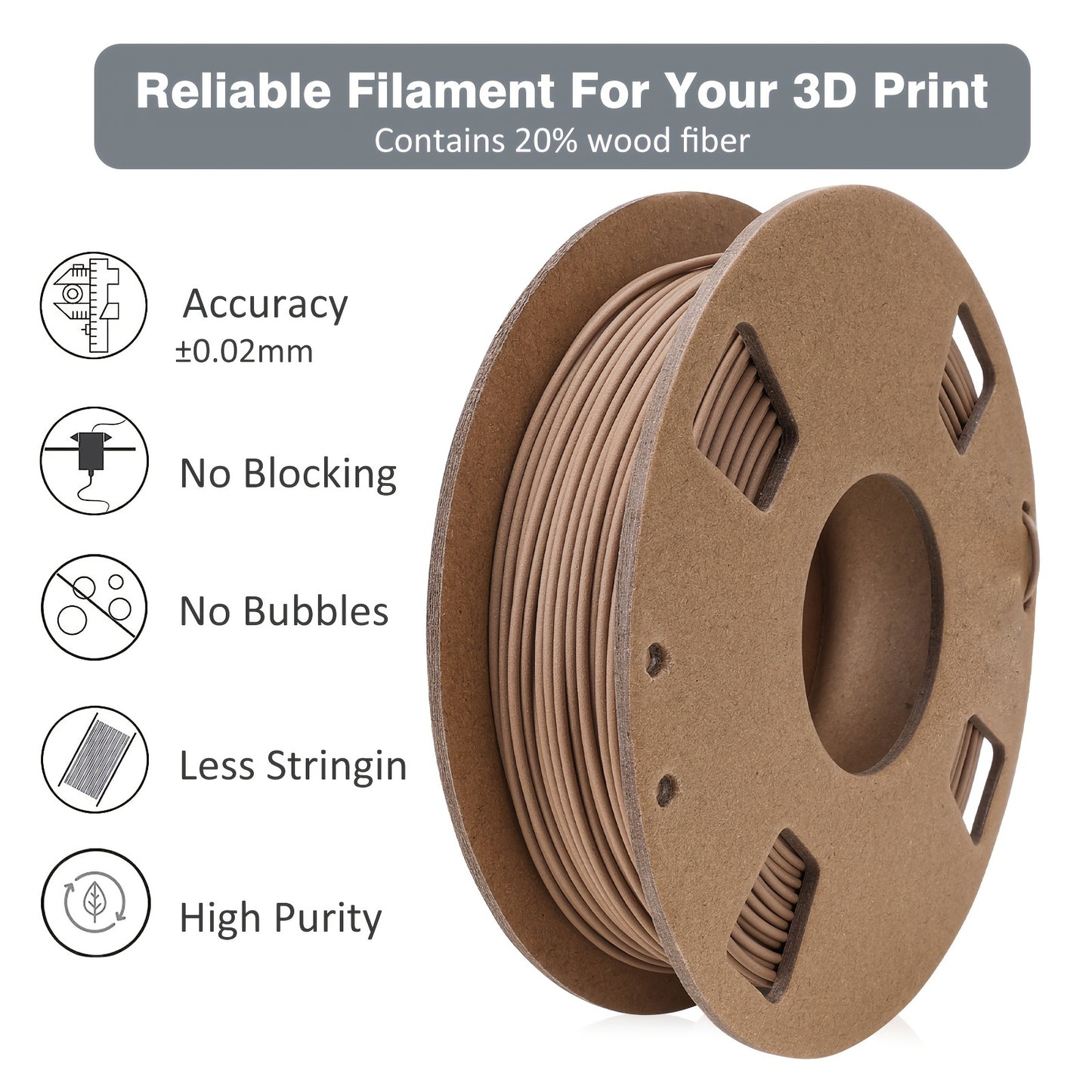 IWECOLOR Wood Filament 1.75mm, PLA+ Wood Filament 1.75mm, 3D Printer Filament Contains 20% Real Wood Fiber Fit Most FDM 3D Printers