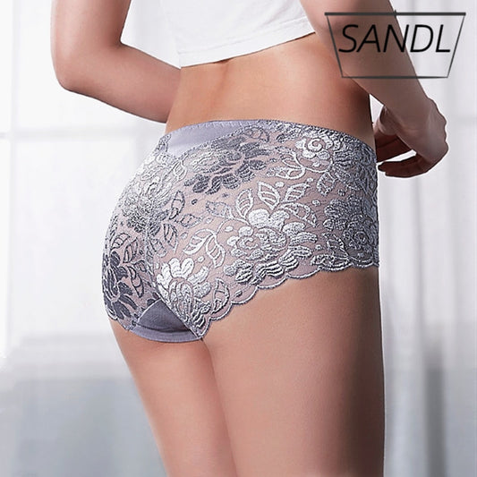 SANDL Women's Cotton Underwear Panties Sexy Lace Mid-Waist Hollow Female Briefs Hip Lift Underpants For Lady Plus Size Lingerie