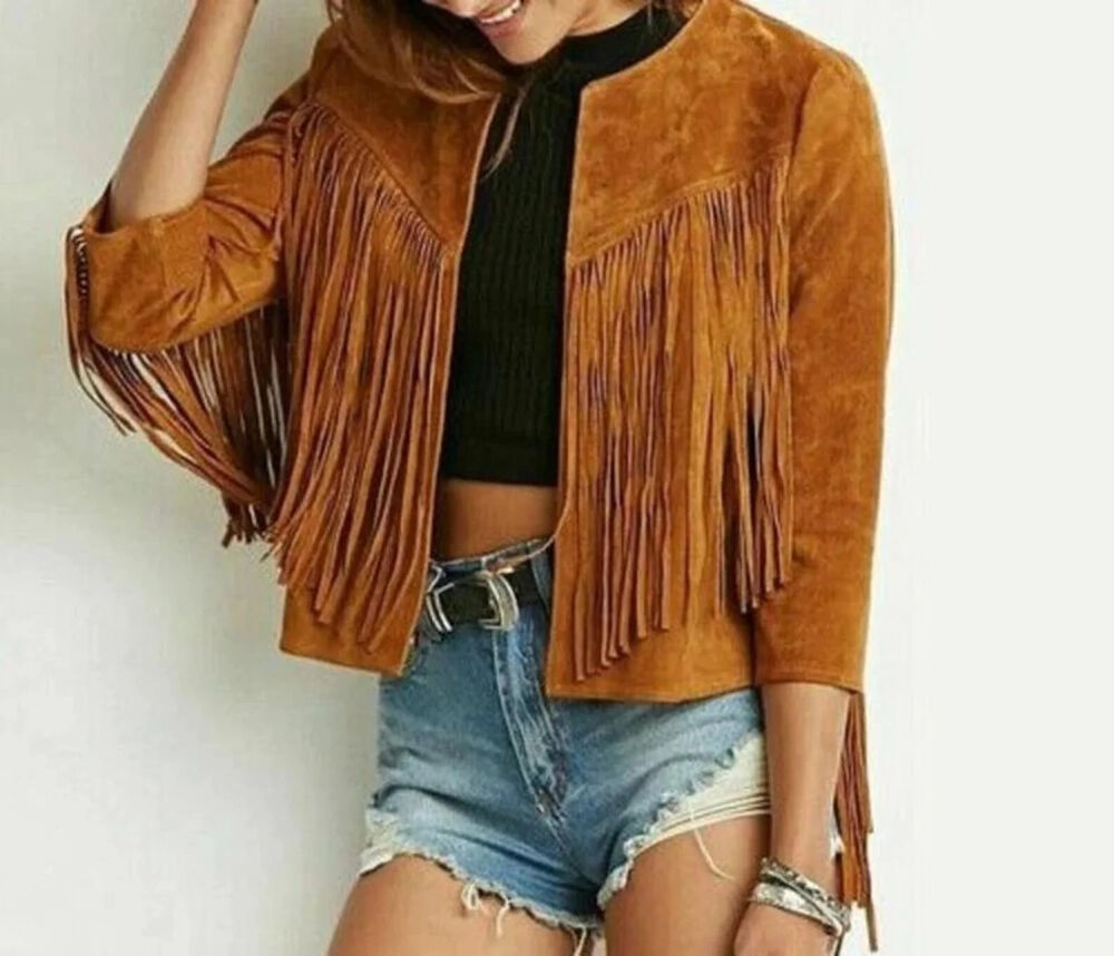 Women's Brown Suede Leather Tassel Jacket Western Style Fringe Coat