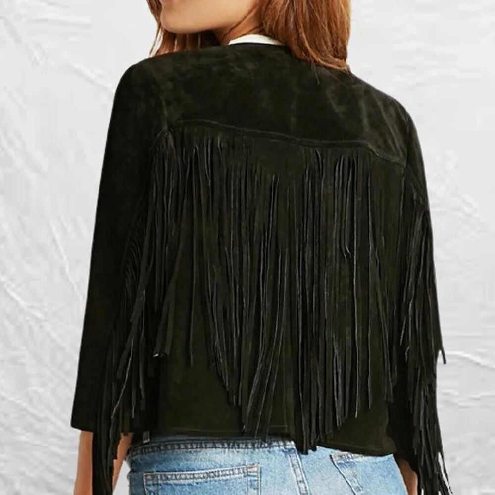 Women's Brown Suede Leather Tassel Jacket Western Style Fringe Coat